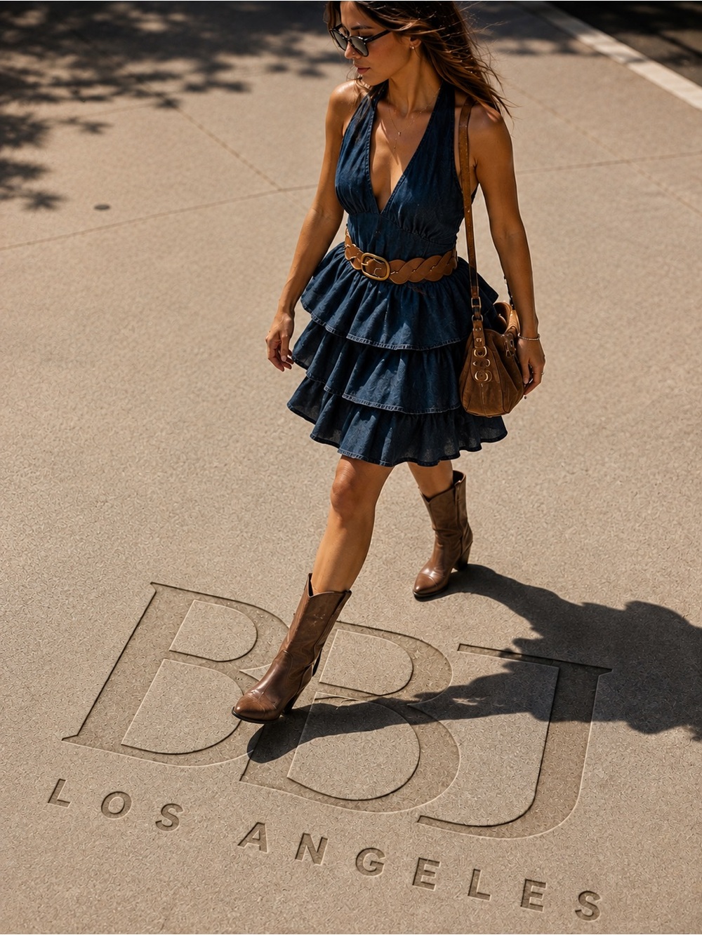 BDJ Los Angeles Deep V Halter Tiered Mini Dress in Navy